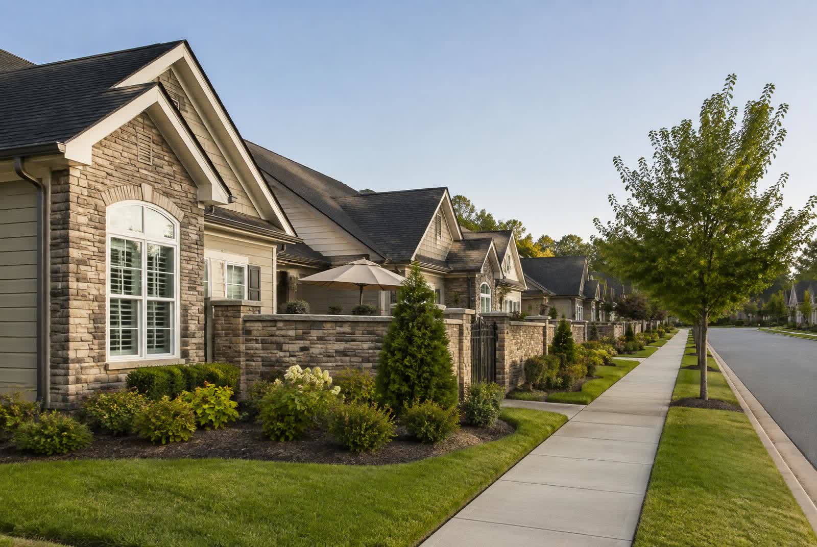 Single-story stone courtyard homes with private walled patios along a sidewalk street in Marvin, North Carolina
