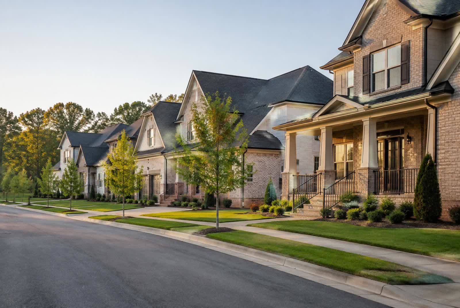 Street of newly built brick homes with front porches and young maple trees in Marvin, North Carolina