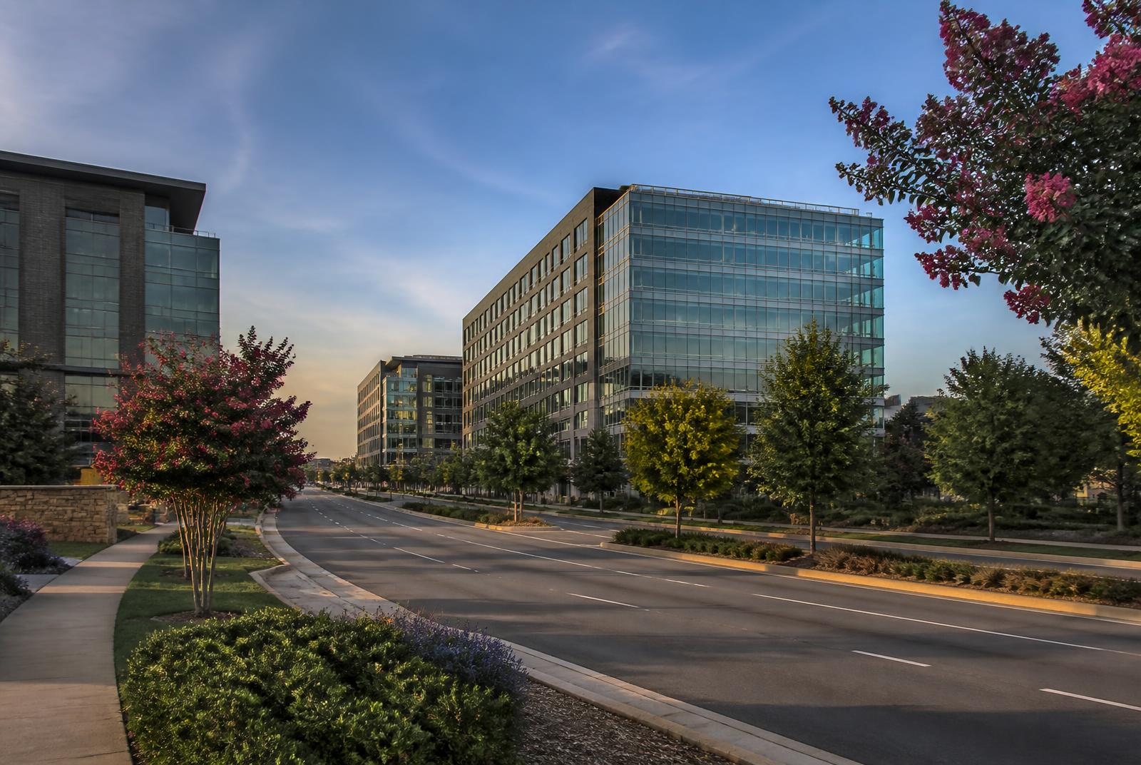 Office buildings and landscaped boulevard in the Ballantyne area of south Charlotte, north of Marvin, North Carolina