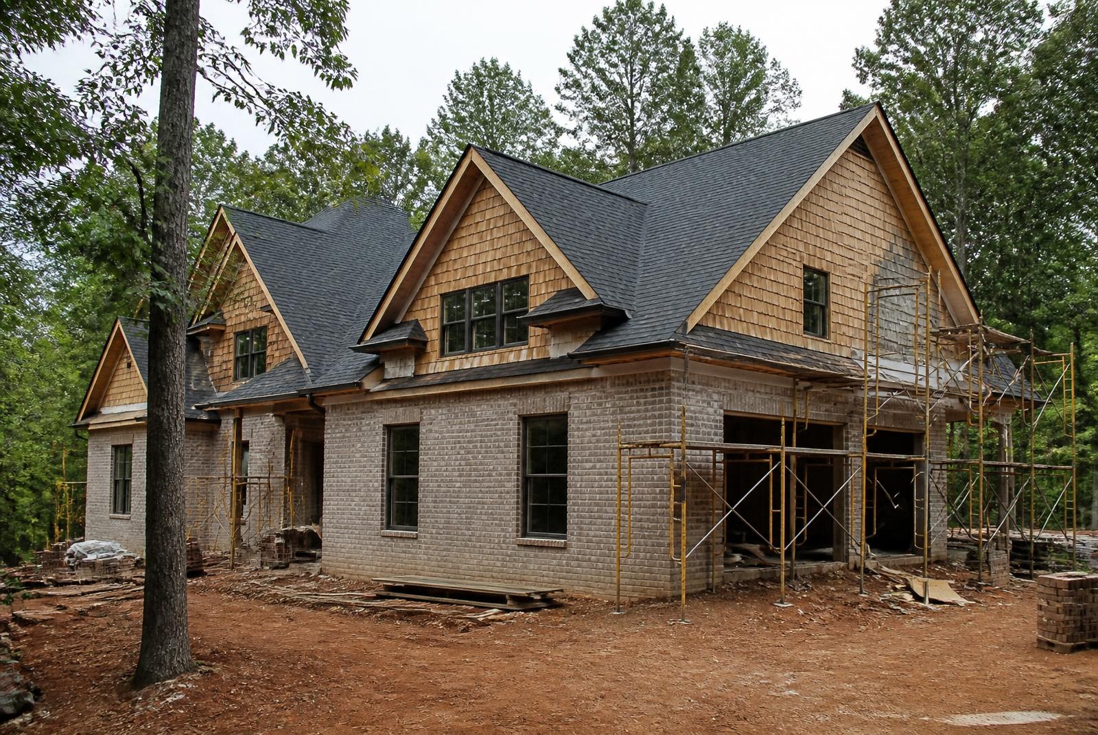 Custom home under construction with brick and cedar shake exterior on a wooded lot near Marvin, North Carolina