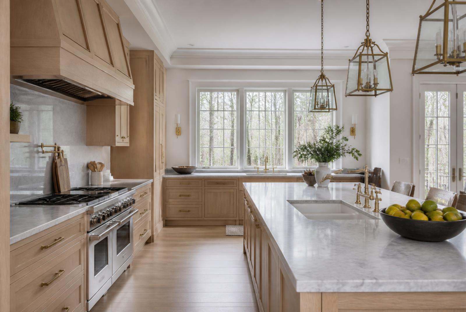 Renovated luxury kitchen with white oak cabinetry and marble island in a Marvin, North Carolina home