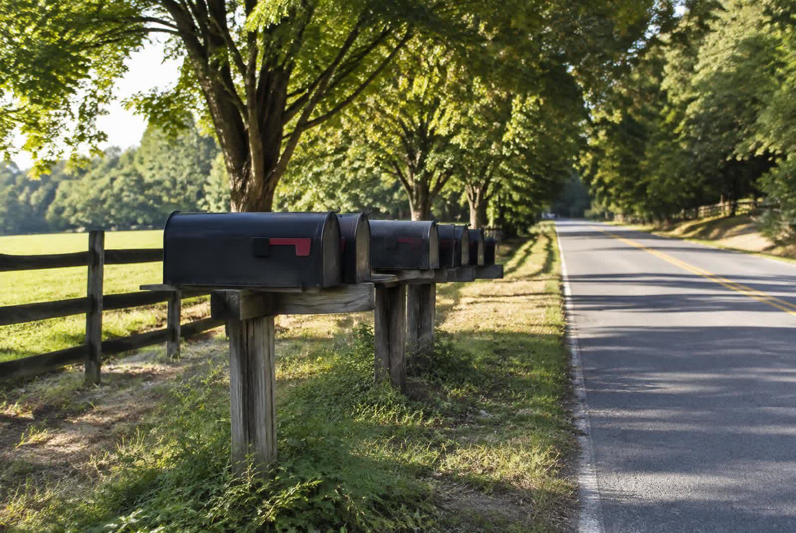 Row of residential mailboxes along a tree-shaded country road in Marvin, North Carolina