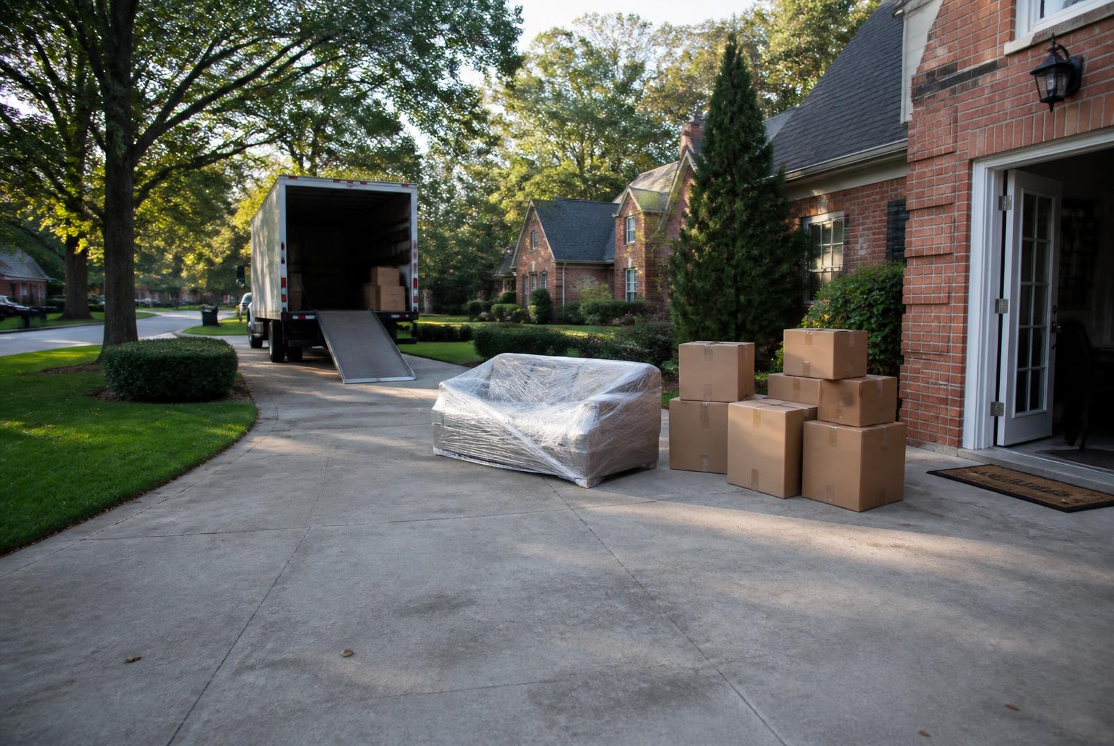 Moving truck unloading boxes in the driveway of a brick home in Marvin, North Carolina
