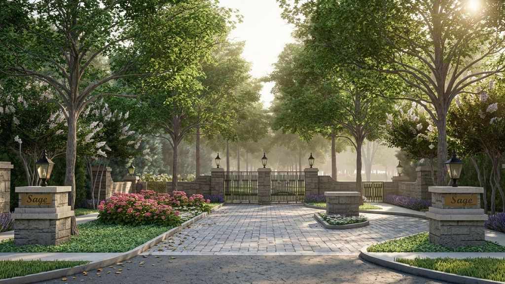 Gated entrance to Sage at Marvin, a private luxury custom-home community in Marvin, North Carolina
