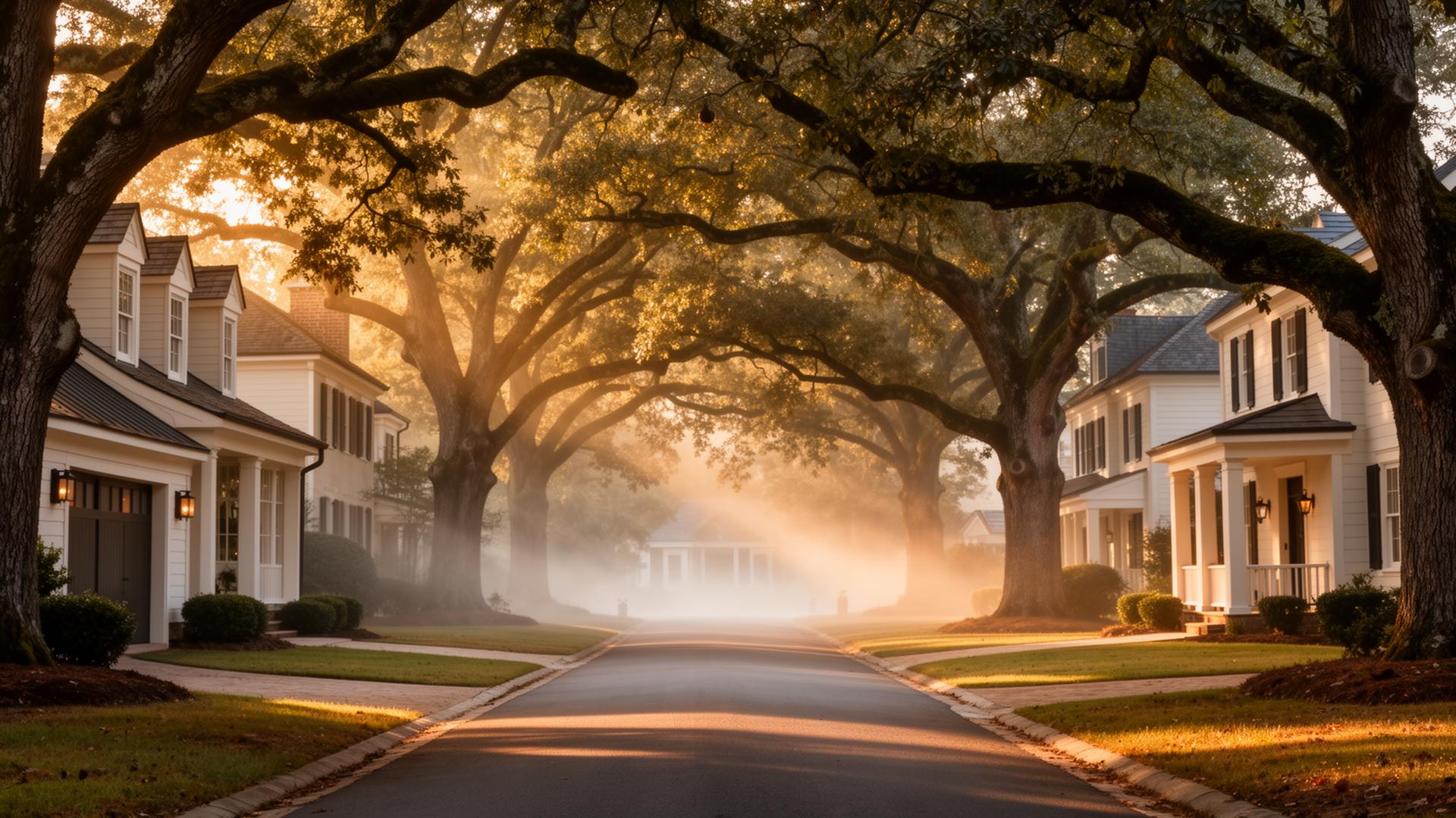 Quiet luxury village street under mature oak canopies in Marvin, North Carolina at golden hour