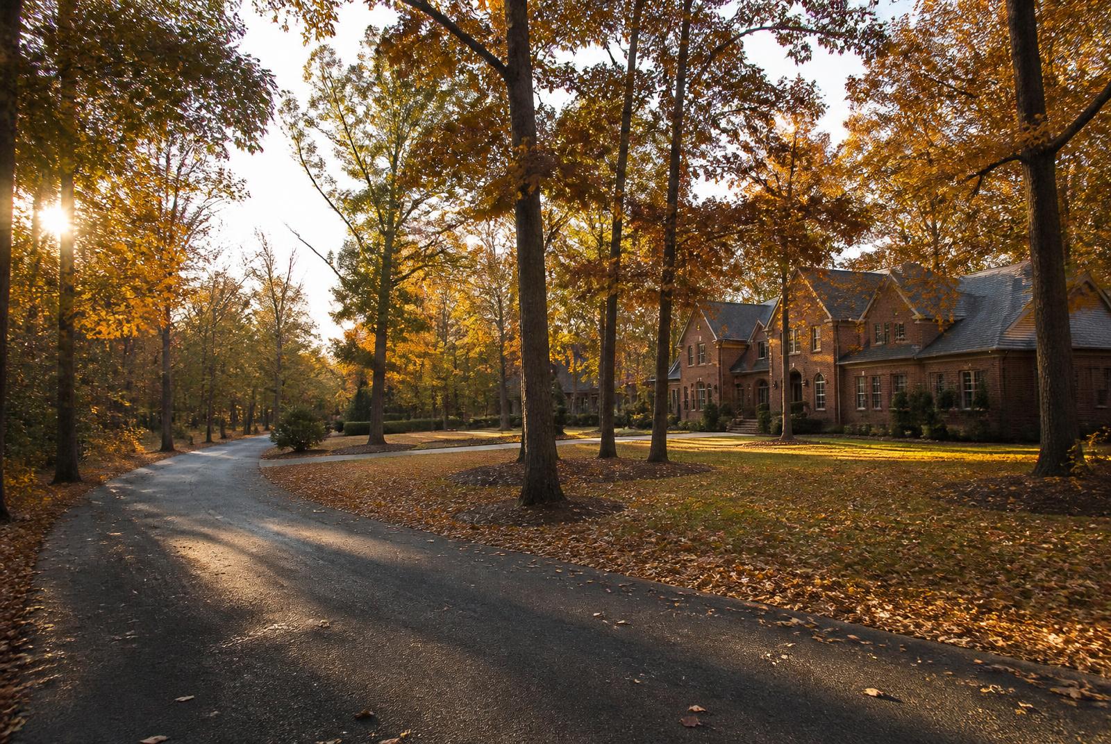 Hardwood-lined street in Marvin, North Carolina at peak autumn color